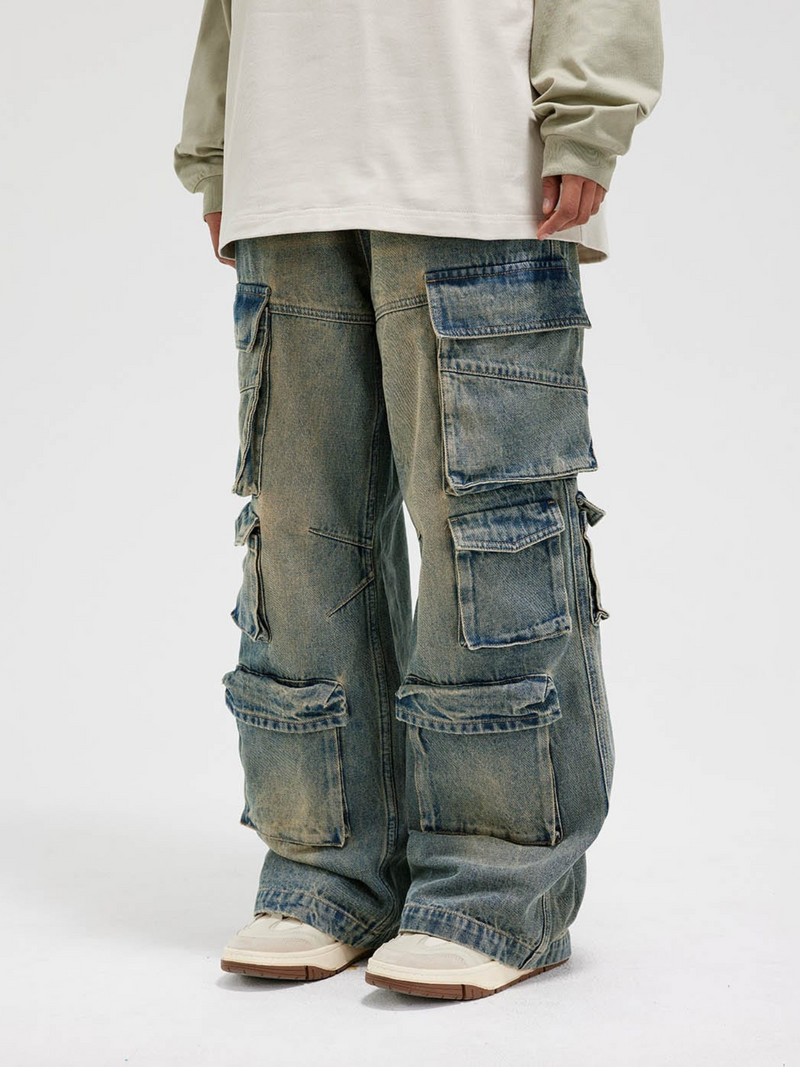 Distressed Denim Cargo Pants