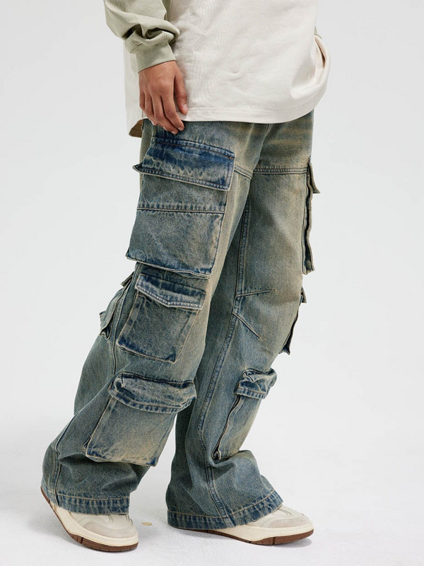 Distressed Denim Cargo Pants