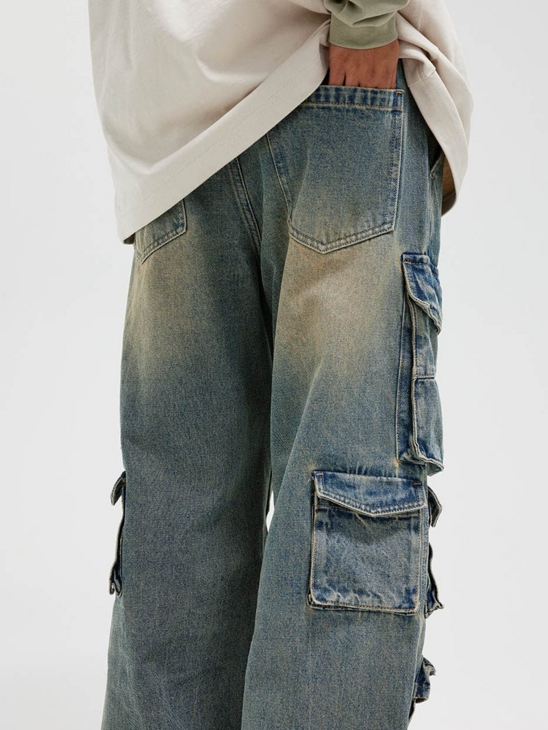 Distressed Denim Cargo Pants